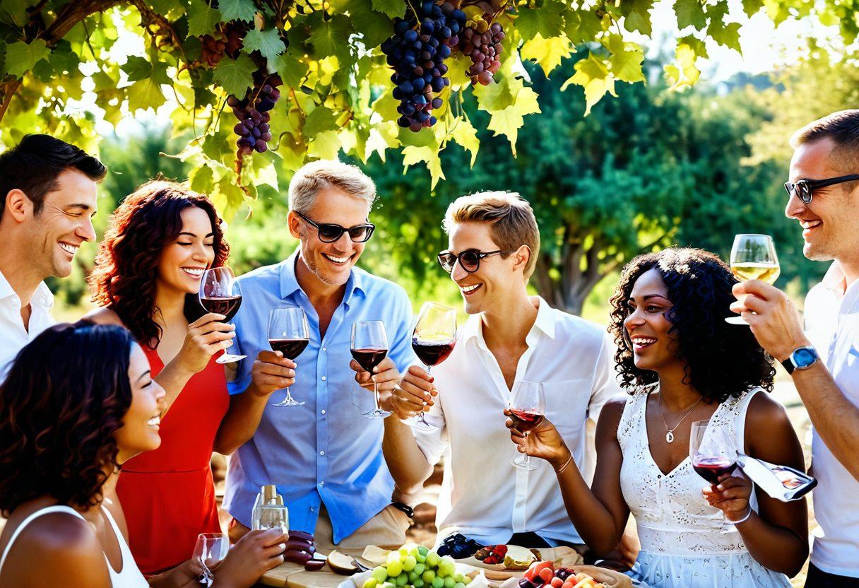 A cheerful gathering of diverse wine lovers outdoors, each engaging with their mobile devices, showcasing a sense of liberation and joy. Soft sunlight filters through lush grapevines, with wine glasses clinking in celebration. The scene is filled with laughter and vibrant colors, highlighting the connection between technology and happiness. Artistic flair with a touch of impressionism. vibrant colors. outdoor setting.