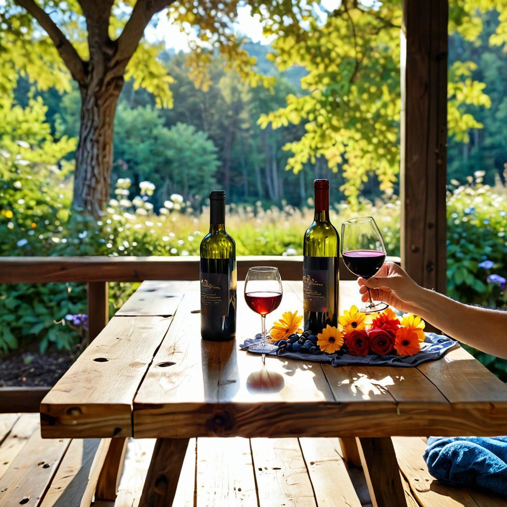 A vibrant scene depicting a cozy outdoor setting with a bottle of wine and two glasses on a wooden table, surrounded by nature. In the background, a person joyfully using their mobile device, showcasing freedom and connection. Soft sunlight filters through the trees, enhancing the cheerful ambiance. Colorful flowers bloom nearby, symbolizing happiness and liberation. super-realistic. vibrant colors. natural setting.
